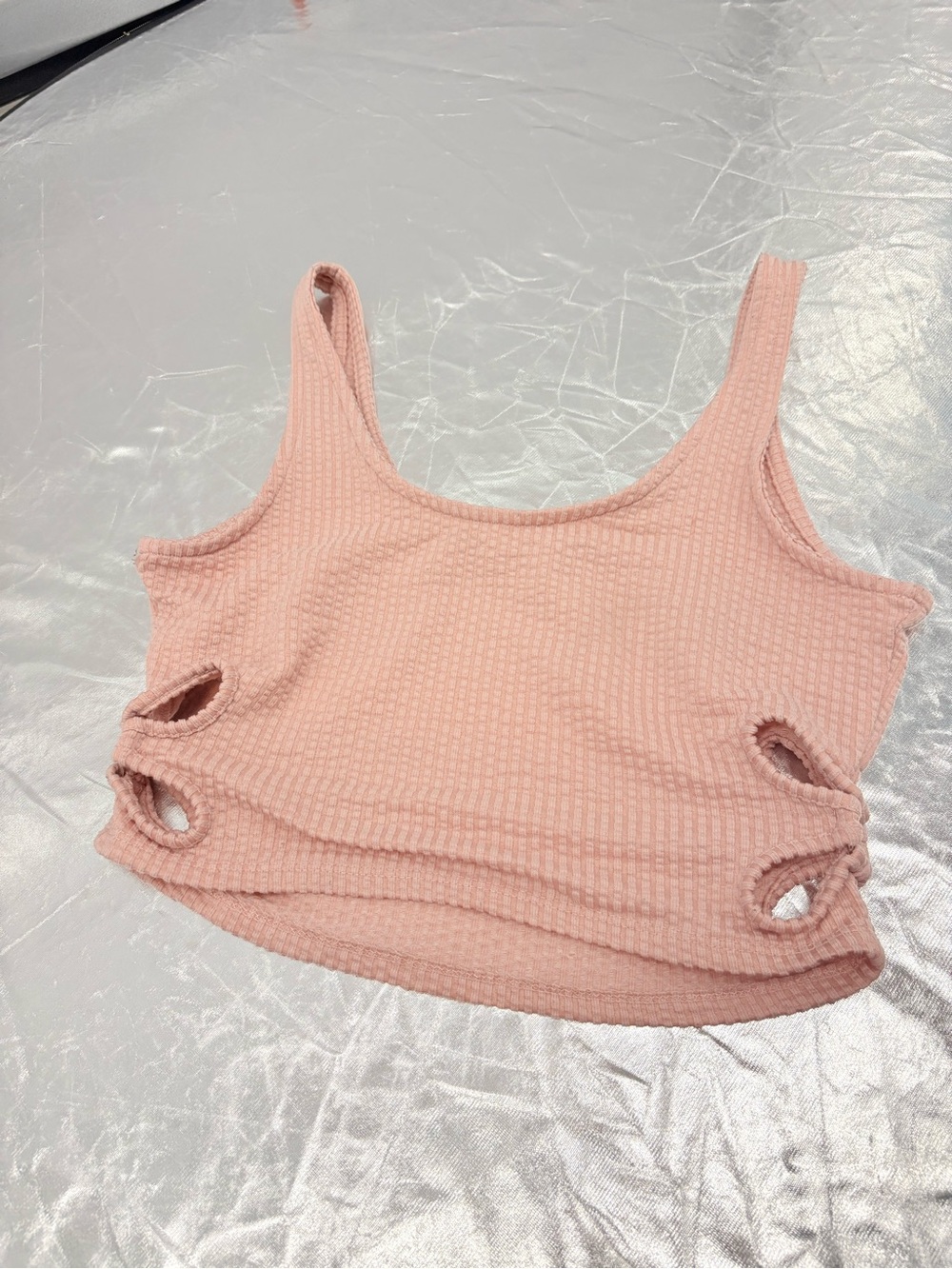 Waffle Knit Flower Cutout Crop Tank - Blush Pink
